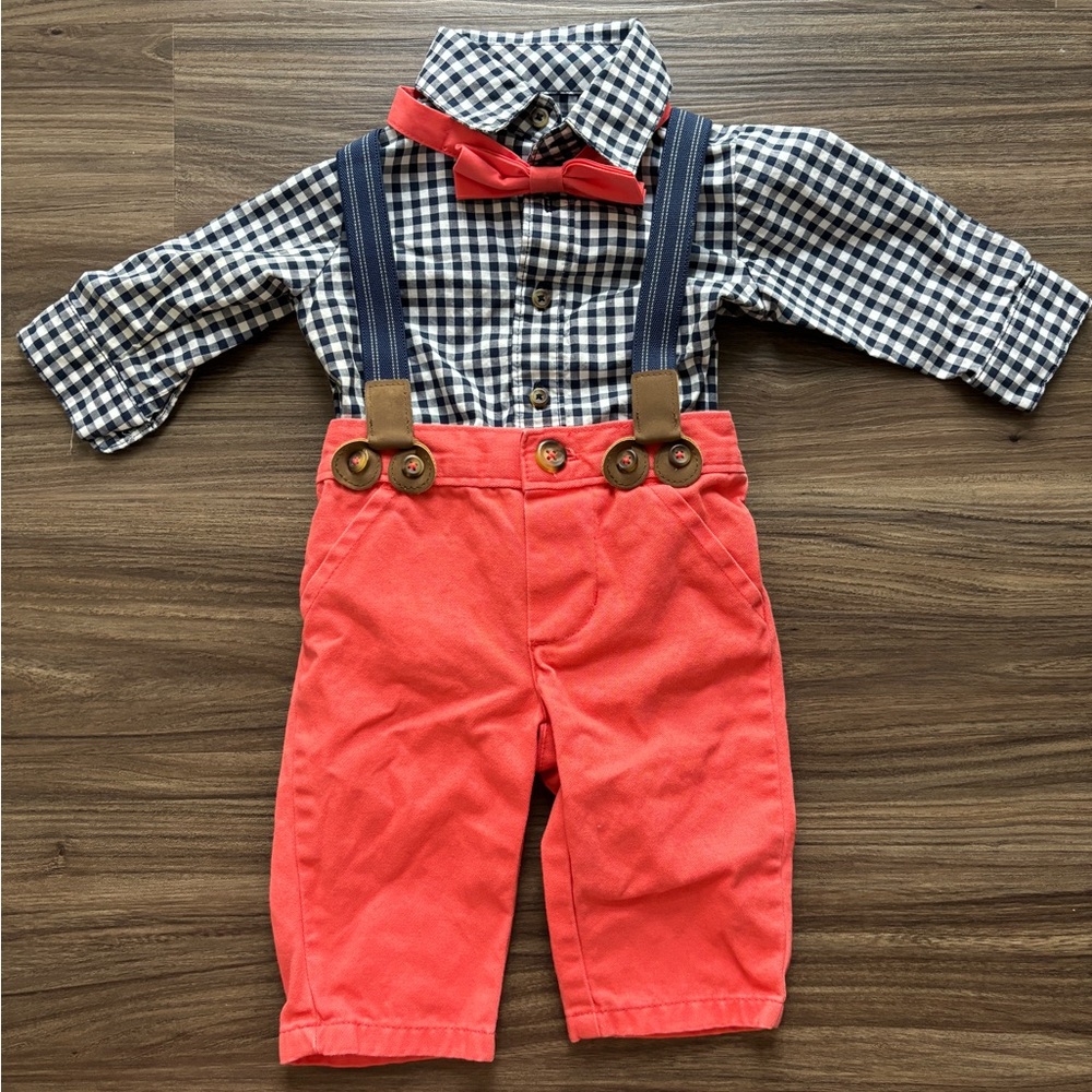Navy Gingham Shirt Coral Pants Bow Tie Special Occasion Outfit Size 3 Months